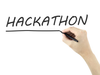 hackathon word written by man's hand