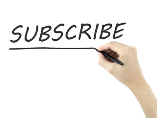 subscribe word written by man's hand