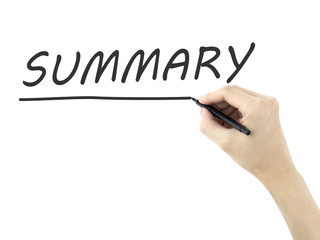 summary word written by man's hand