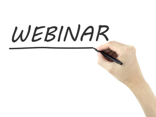 webinar word written by man's hand