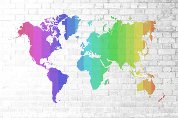 Red Brick wall texture Soft tone colorful world map