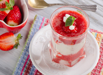 Layered Dessert with strawberries and mint.