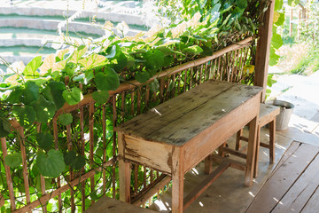 wooden table and chair beside the garden