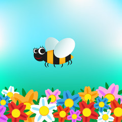 Cartoon bee flying over flowers