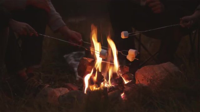 MS TU Four people frying marshmallows in campfire at sunset, Uinta Mountains, Utah, USA