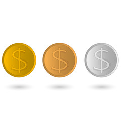 bronze, gold and silver dollar, set