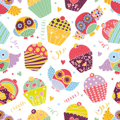 Owls and cupcakes. Seamless pattern.