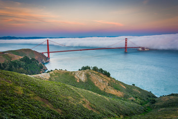 Sunset view of the Golden Gate Bridge in fog from Hawk Hill, Gol © jonbilous