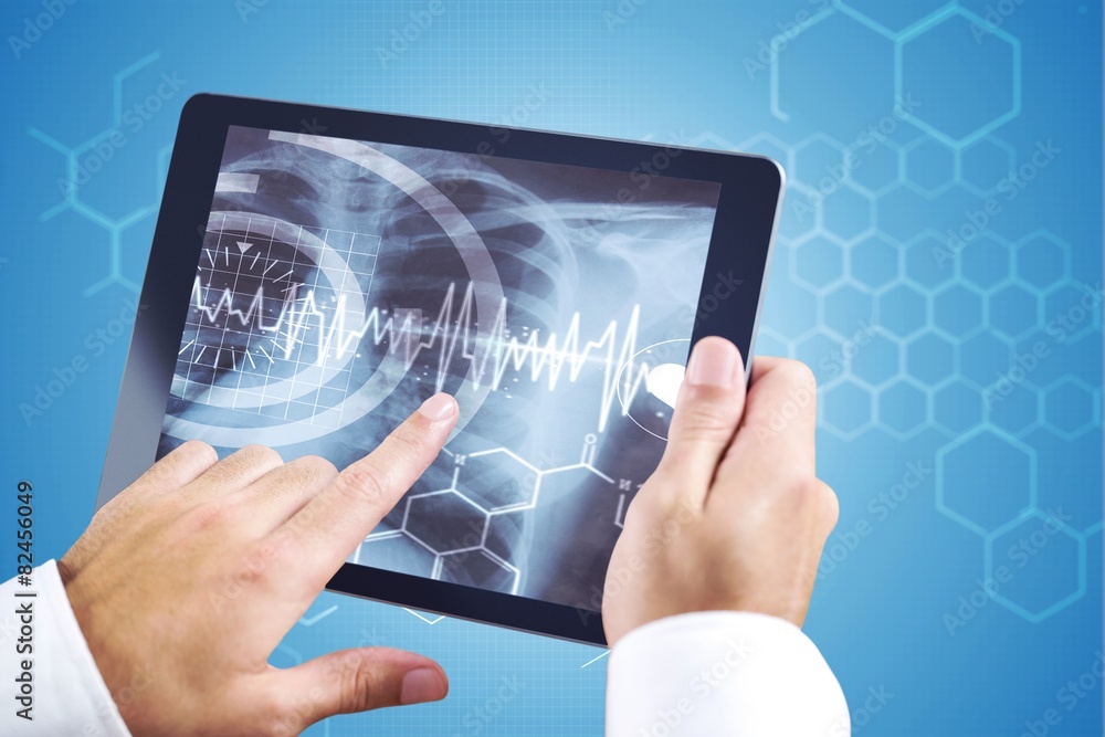 Poster Composite image of man using tablet pc
