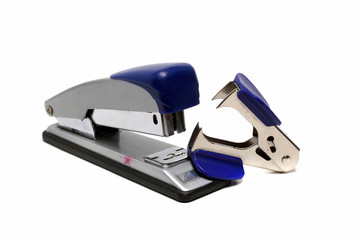 blue stapler and  Staple Remover white background