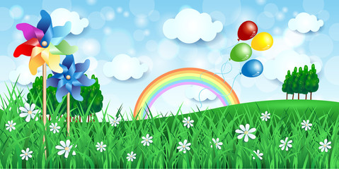 Spring background with pinwheels and balloons