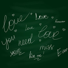 Fototapeta na wymiar Chalkboard doodle hand drawn graphic set of love