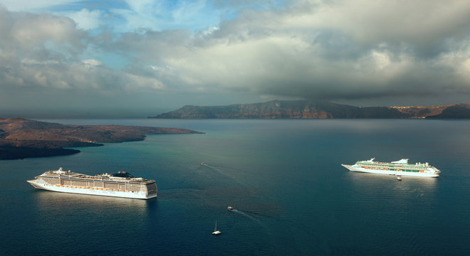 Sea liner in bay near Santorini island, Greece