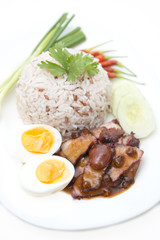 rice with roasted red pork and egg on white background