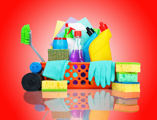 Variety of cleaning supplies in a basket