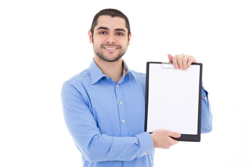 young handsome bearded arabic man showing clipboard with copy sp