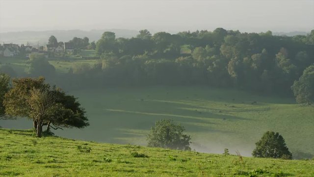 Wide shot of lush, green countryside / Westwood, England, United Kingdom