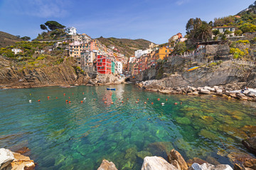 Fototapeta premium Riomaggiore town on the coast of Ligurian Sea, Italy