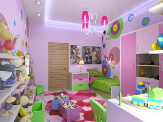 3d illustration nursery for girls in pink colors