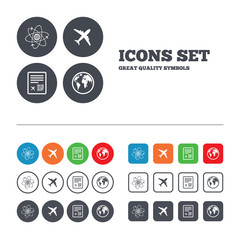 Airplane icons. World globe symbol.