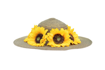 sunflower and straw hat on a white background