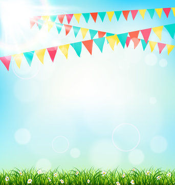 Celebration background with buntings grass and sunlight on sky b