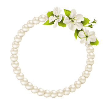 Pearl circle like frame with cherry flowers isolated on white ba
