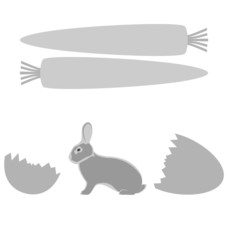 Grey rabbit hatched from an egg and carrot frames on white backg