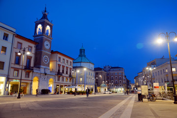 Fototapeta na wymiar Town center of Rimini, Italy, at night