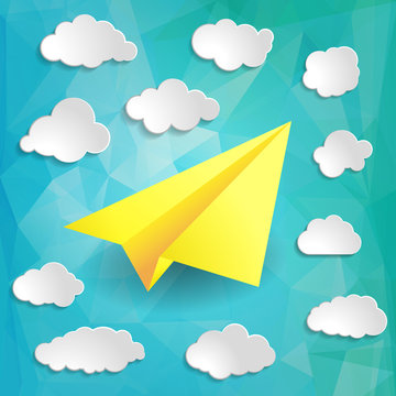 Yellow Paper airplane with clouds on the blue abstract triangula