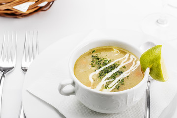 Delicious veal soup in restaurant