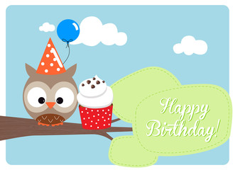 happy birthday, owl with party hat, blue balloon and cupcake