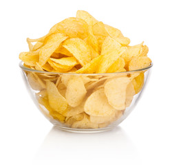 Potato chips in glass bowl isolated on white background