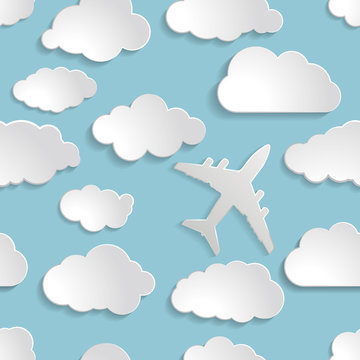 airplane with paper clouds on a blue air Seamless  background