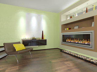 interior with armchair and fireplace