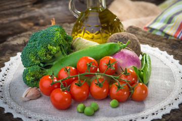 Homemade organic vegetables on wooden table 