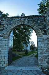 Studenica monastery gate at sunset