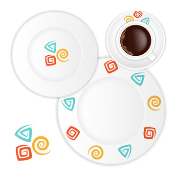 Two plates and a coffee Cup with bright swirls