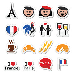 Naklejka premium France, I love Paris vector icons set