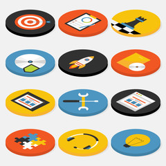 Flat Isometric Circle Website Business and Office Icons Set
