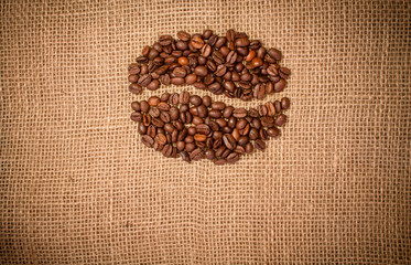 Coffee beans from coffee beans on sackcloth