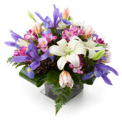 Flower arrangement made of Lily, Tulip, Iris and Freesia flowers