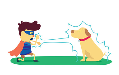 Hero boy playing fighting with monster it was his's dog