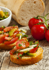 Italian bruschetta with tomato, onion and bell petsem, sample fo
