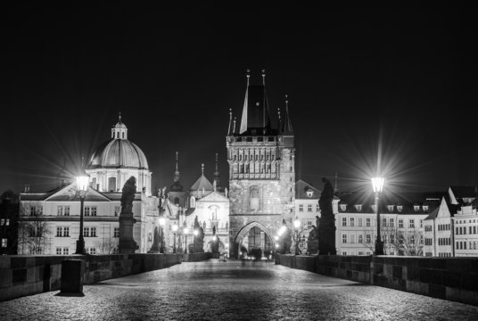 Charles Bridge During Night Black And White