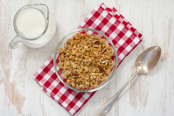 granola in bowl, spoon and milk