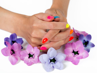 Woman hands with bright manicure and anemone flowers around