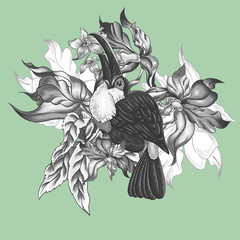 Floral Vector Vintage Card with Exotic Flowers and Toucan.