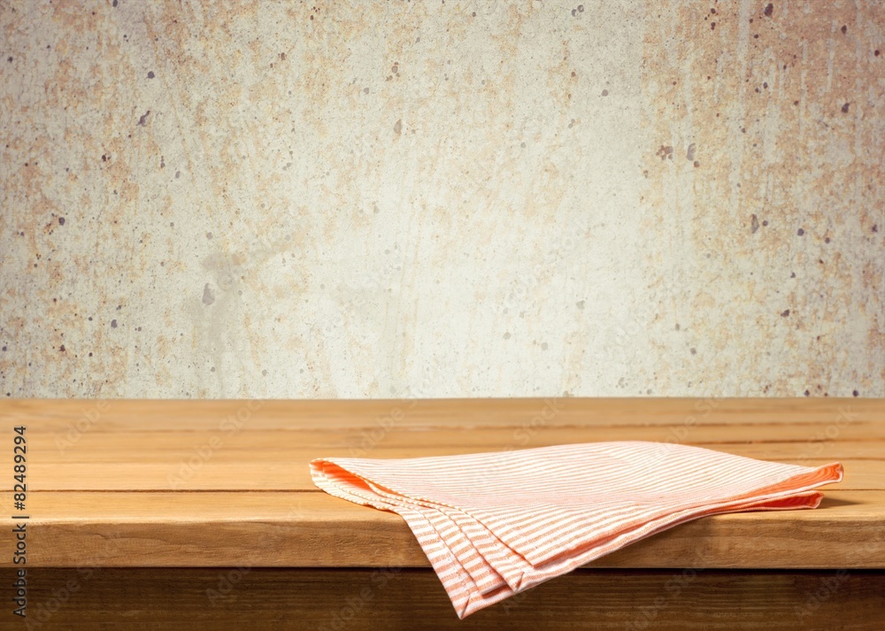 Sticker Wooden. Empty wooden table with tablecloth over polka dots