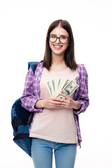 Young femael student holding money